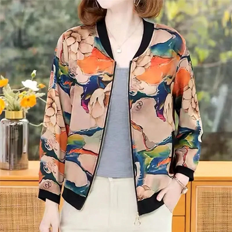 福椰大码215斤百搭印花休闲短外套夏款长袖宽松防晒小衫妈妈女装