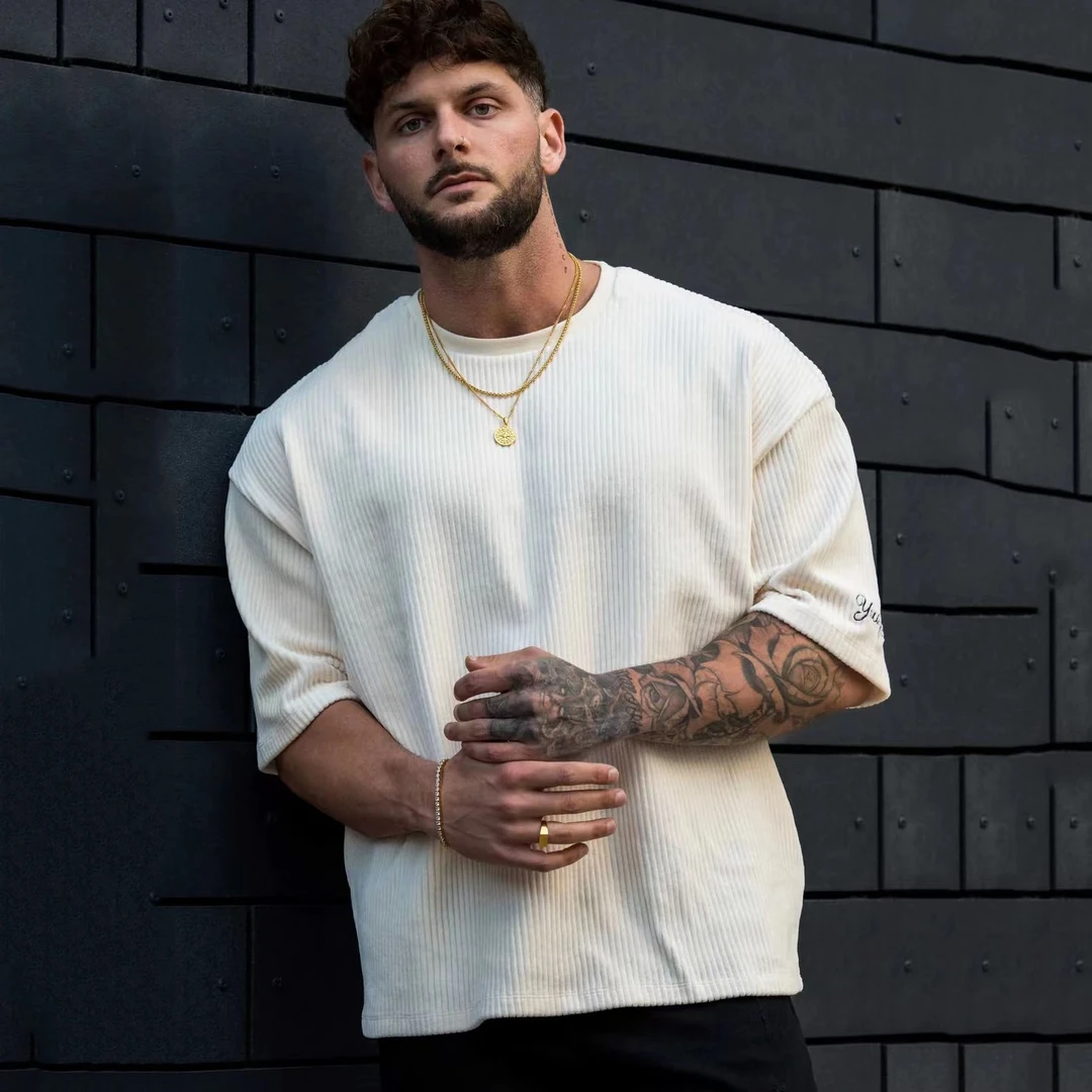 美式螺纹大码宽松短袖夏季男款五分袖圆领半袖百搭简约运动inst恤