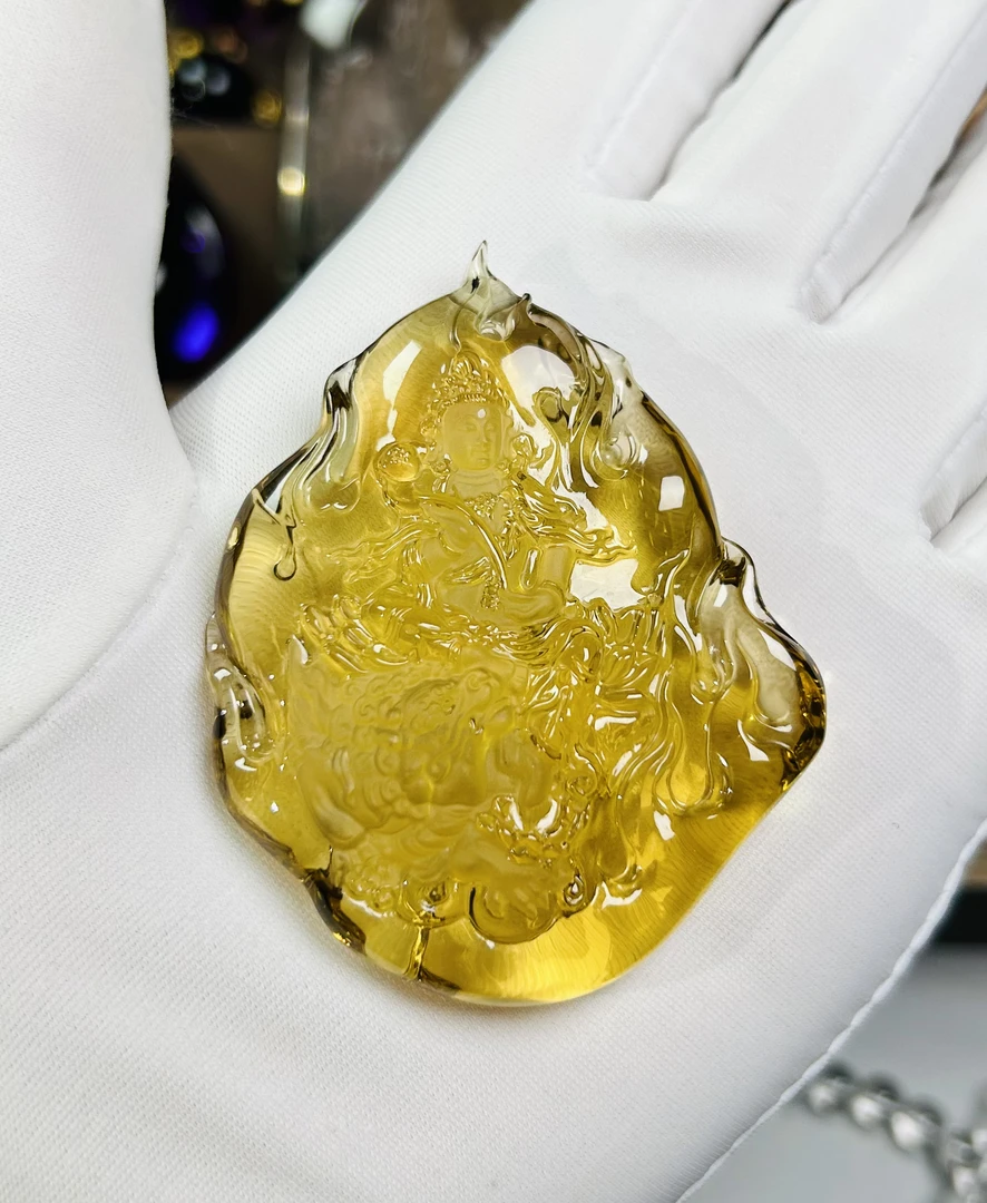 天然黄水晶文殊菩萨吊坠