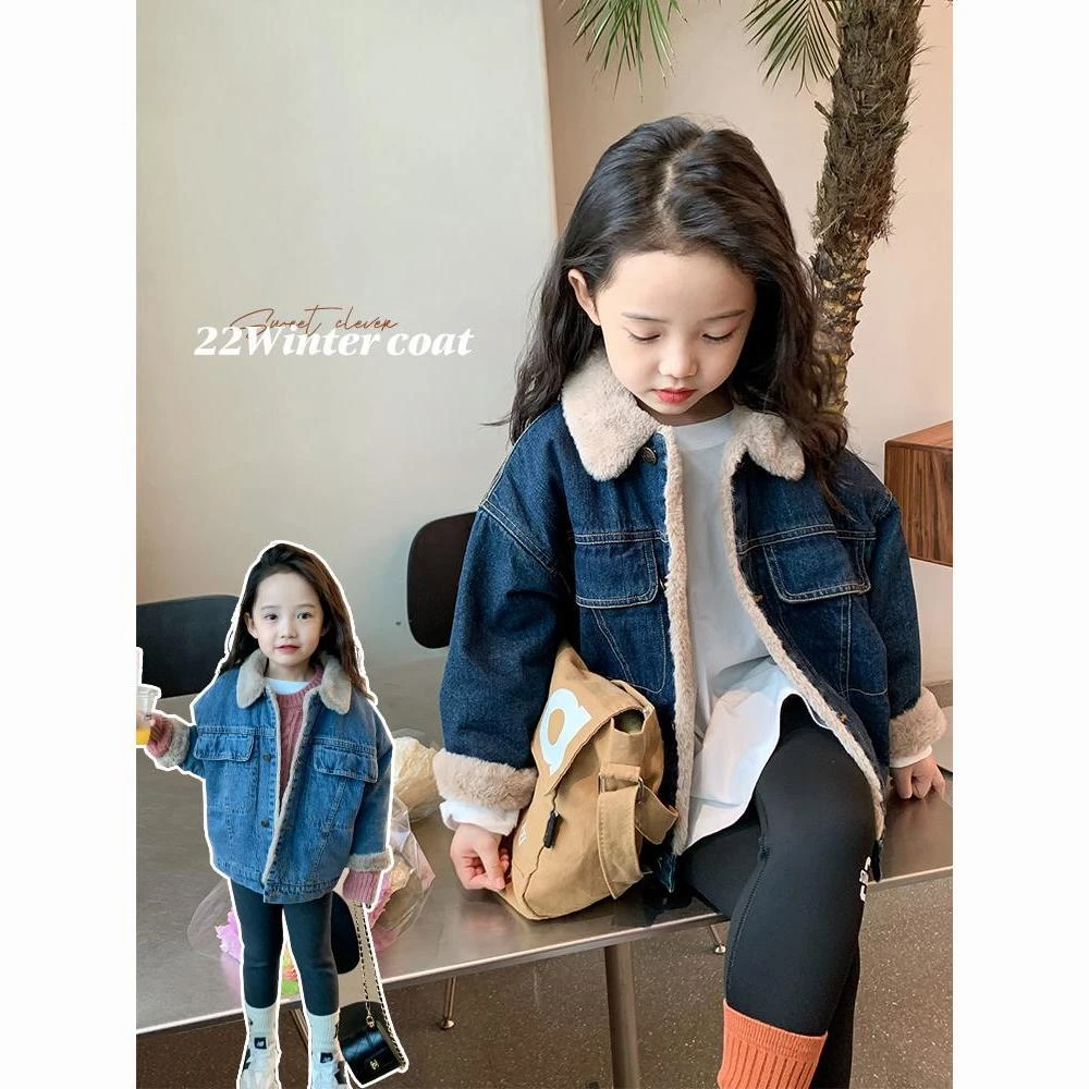 女童牛仔外套仿兔毛秋冬新款儿童加绒洋气牛仔棉衣韩版加厚棉服潮