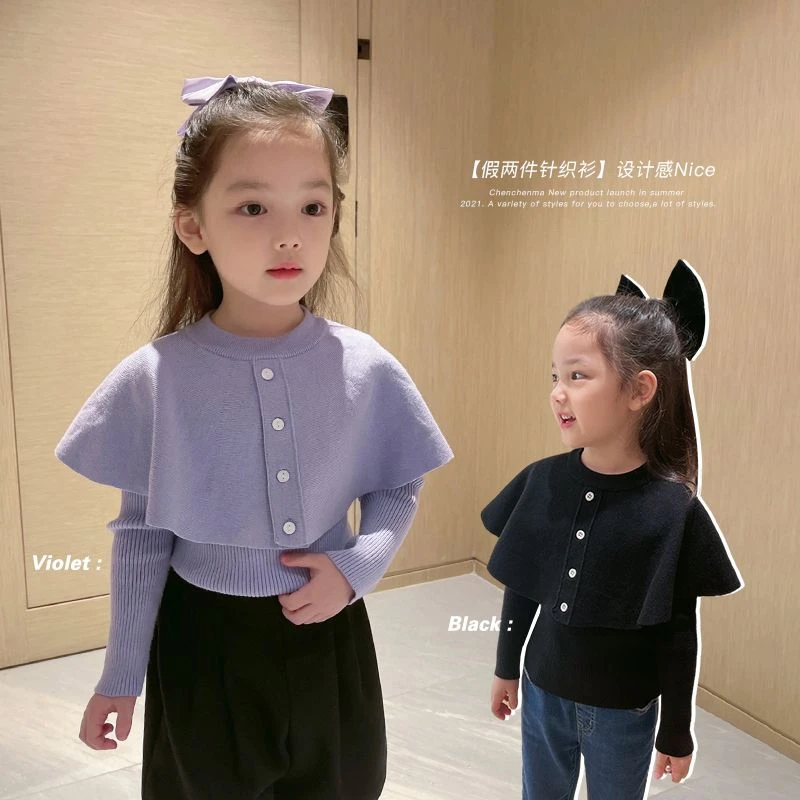 女童针织打底衫2023秋冬新款女孩宝宝小香风毛衣洋气韩版简约上衣