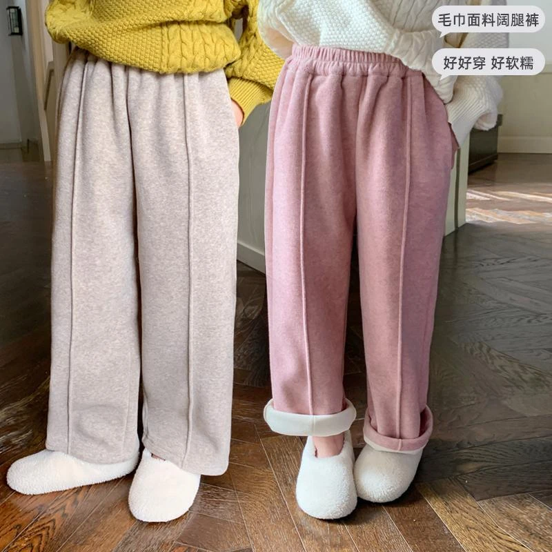女童加绒长裤2023秋冬新款儿童休闲保暖宽松百搭卫裤毛呢直休闲裤