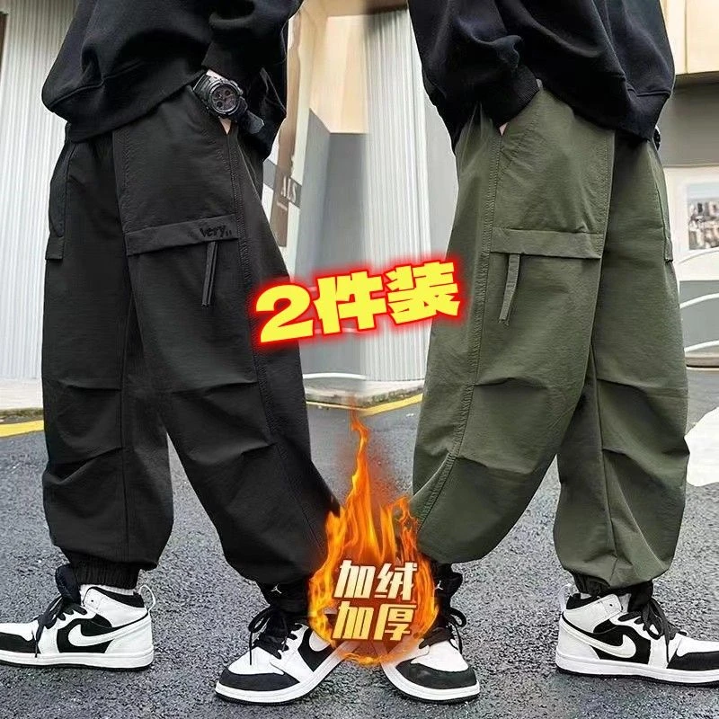男童加绒工装裤秋冬新款加厚一体绒外穿裤子百搭中大童束脚长大码