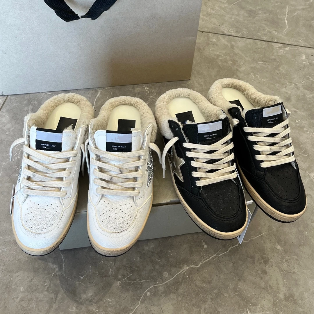 ball张馨予同款黑白羊皮银亮片星半拖羊毛拖小脏鞋女皮毛一体保暖