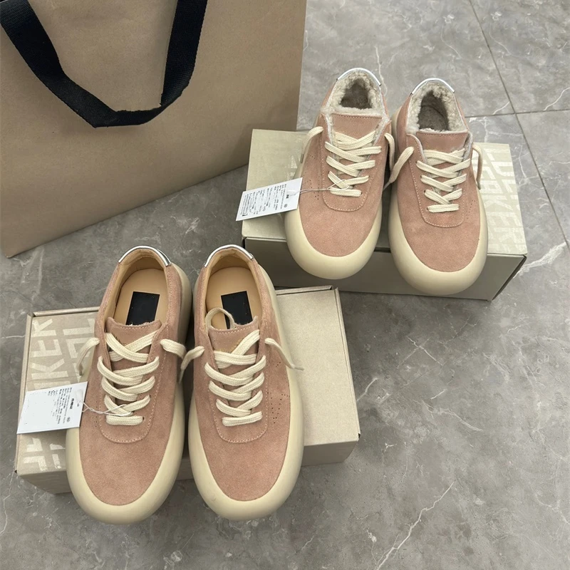 sp藕粉色羊毛面包鞋星星复古做旧小脏鞋女厚底皮毛一体保暖板鞋