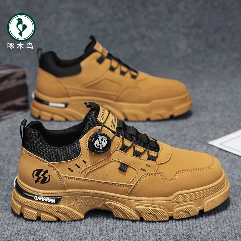 【正品】啄木鸟男鞋2025春夏新款低帮一脚蹬旋转纽扣运动休闲工装鞋