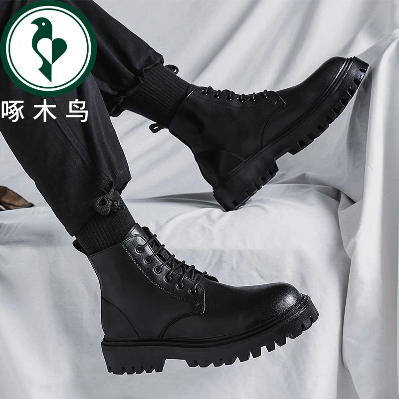 【正品】啄木鸟马丁靴男款高帮潮秋冬英伦风复古中帮皮鞋黑色皮靴