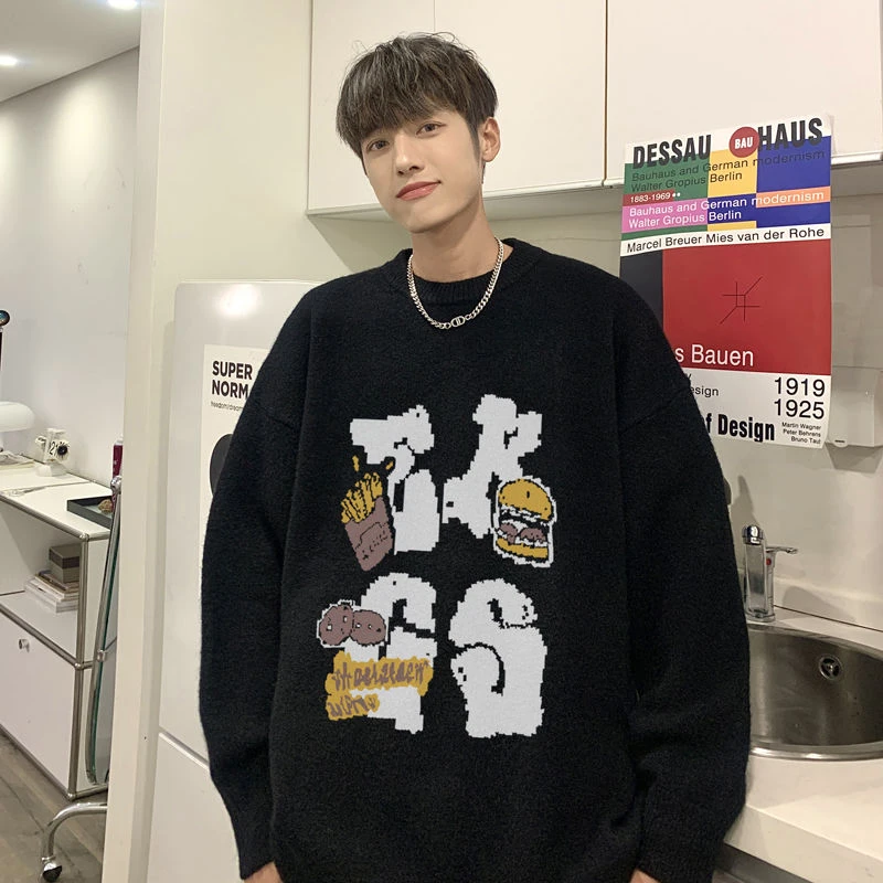 趣味汉堡字母印花圆领毛衣男女休闲复古百搭秋冬季百搭圆领针织衫