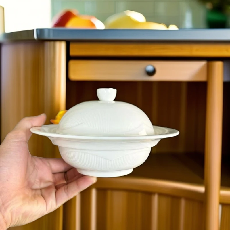 骨瓷餐具 7.5寸花朵盖碗 中式简约手工高档家用手绘浮雕大号白瓷