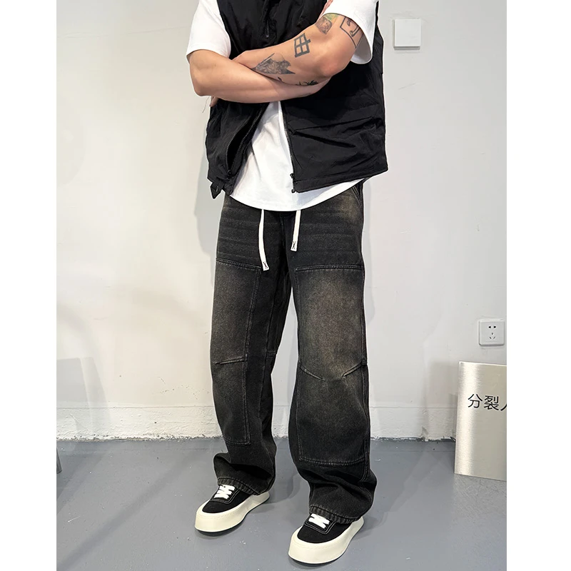 复古伐木牛仔裤男水洗做旧休闲裤子黄泥染宽松直筒工装裤加绒牛仔