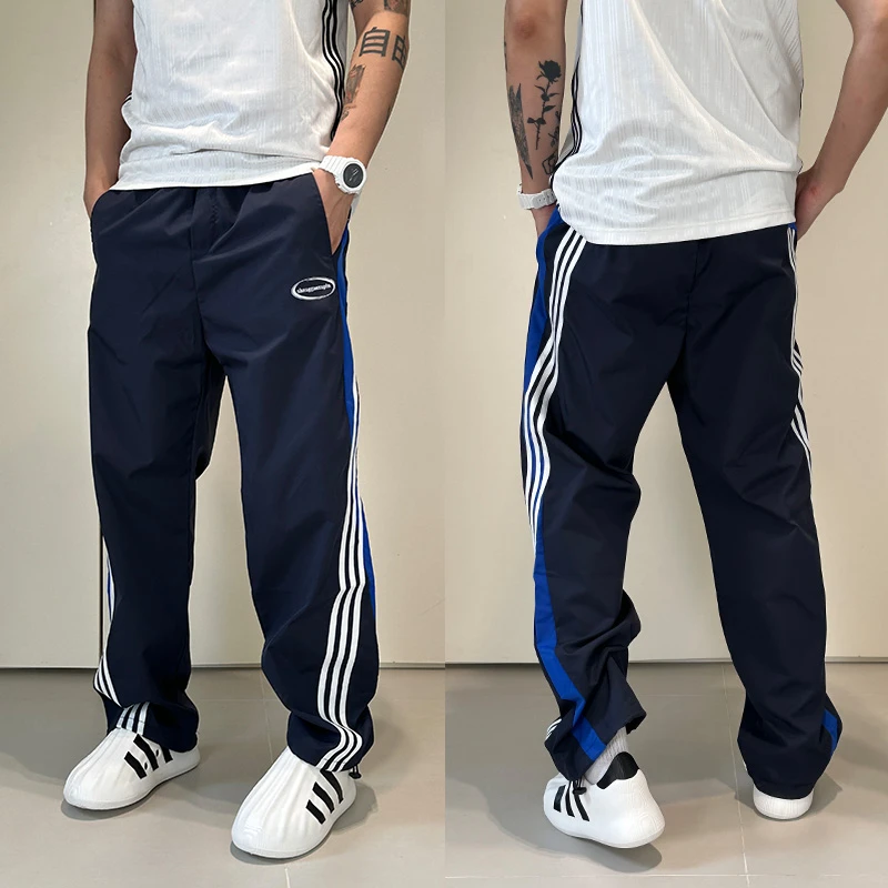 轻薄速干冲锋裤男女夏季运动美式高街工装伞兵条纹休闲裤子三条杠