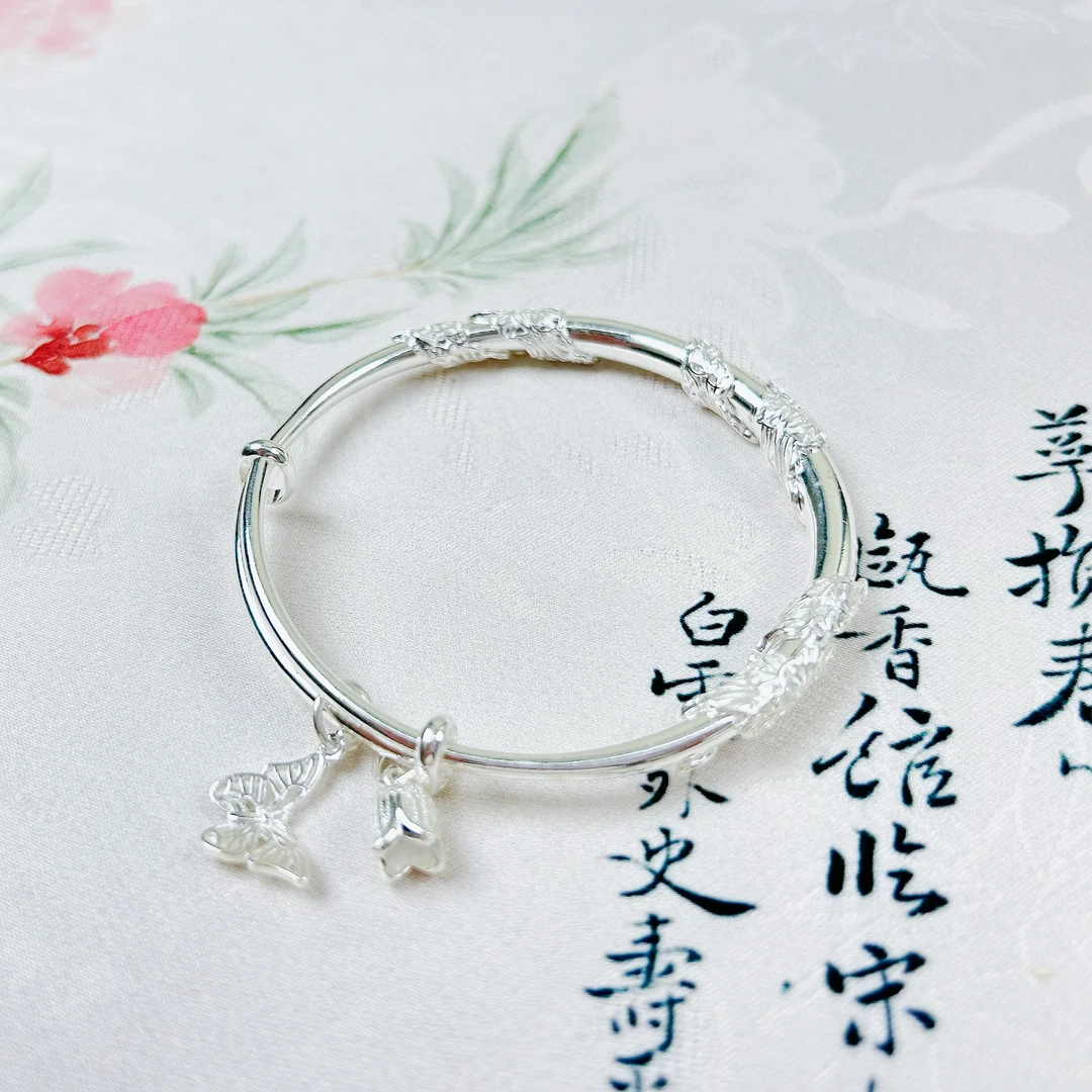 足银手镯 810繁花似锦蝶恋花一世繁华中国风实心手镯女银手镯