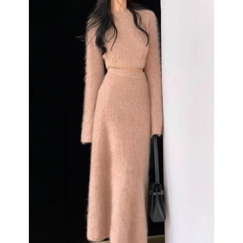 温柔气质法式小香风仿貂绒不起球针织两件套套装