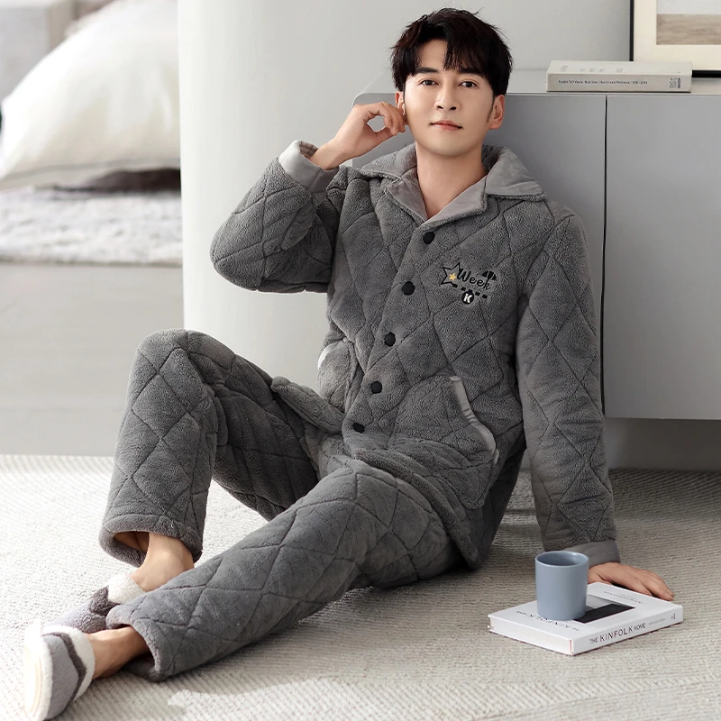 都市丽人【穿到零下20度】三层夹棉男士睡衣特厚睡衣男款冬加绒加厚