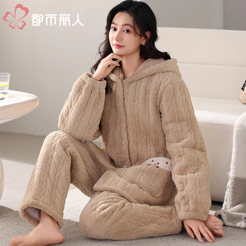 都市丽人睡衣【穿到零下20度】冬季牛奶绒翻领卡通加绒电家居服女