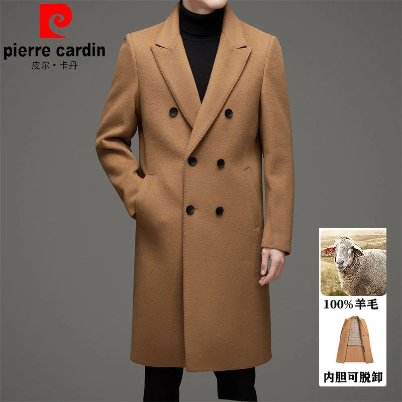 皮尔卡丹纯羊毛双面呢大衣男士中长款秋冬季加厚双排扣毛呢外套男