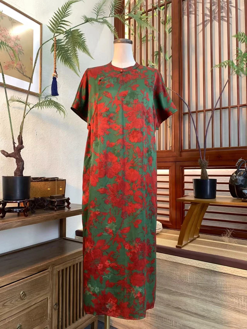 知羽.香云【寻烟轻染】复古新中式落肩香云纱提花花萝连衣裙ZY24740