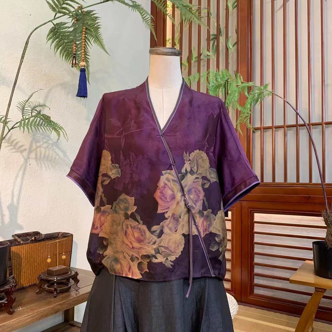 知羽.香云【寻梦欢】轻中式V 领定位花香云纱提花萝上衣ZYSS2172