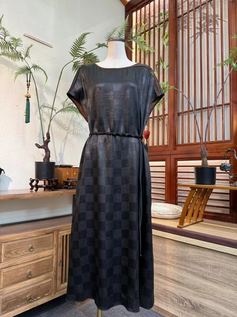 知羽香云【流光翩影】春夏新款轻中式落肩重缎香云纱连衣裙ZY480456