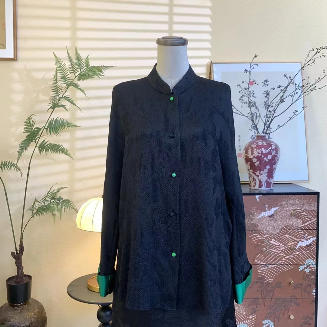 知羽.香云【倾慕】高定丝毛国风新中式经典立领蚕丝长袖衬衫ZY24546