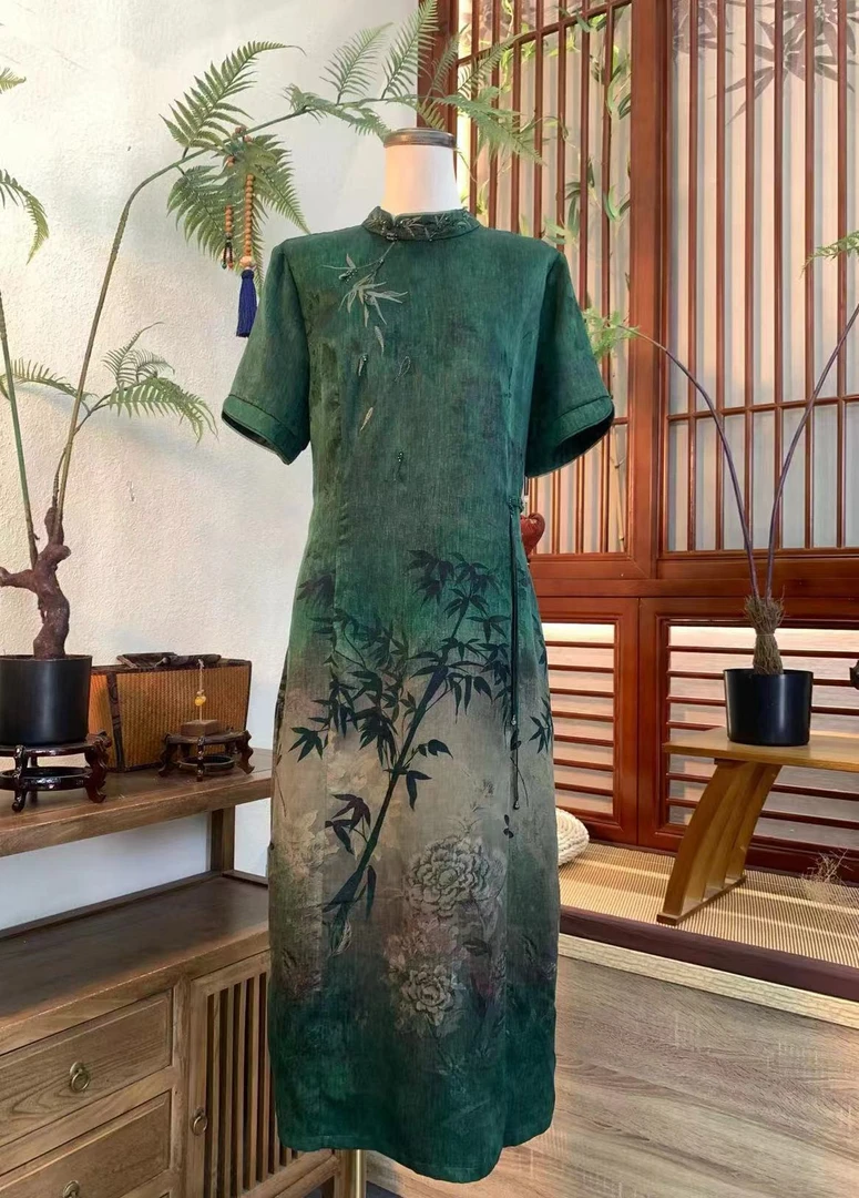 知羽.香云【闲语夏竹】复古新中式立领香云纱重缎提花连衣裙ZYX2166