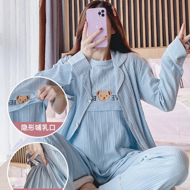 月子服春秋纯棉三件套产后哺乳喂奶家居服怀孕期待产孕妇睡衣女夏
