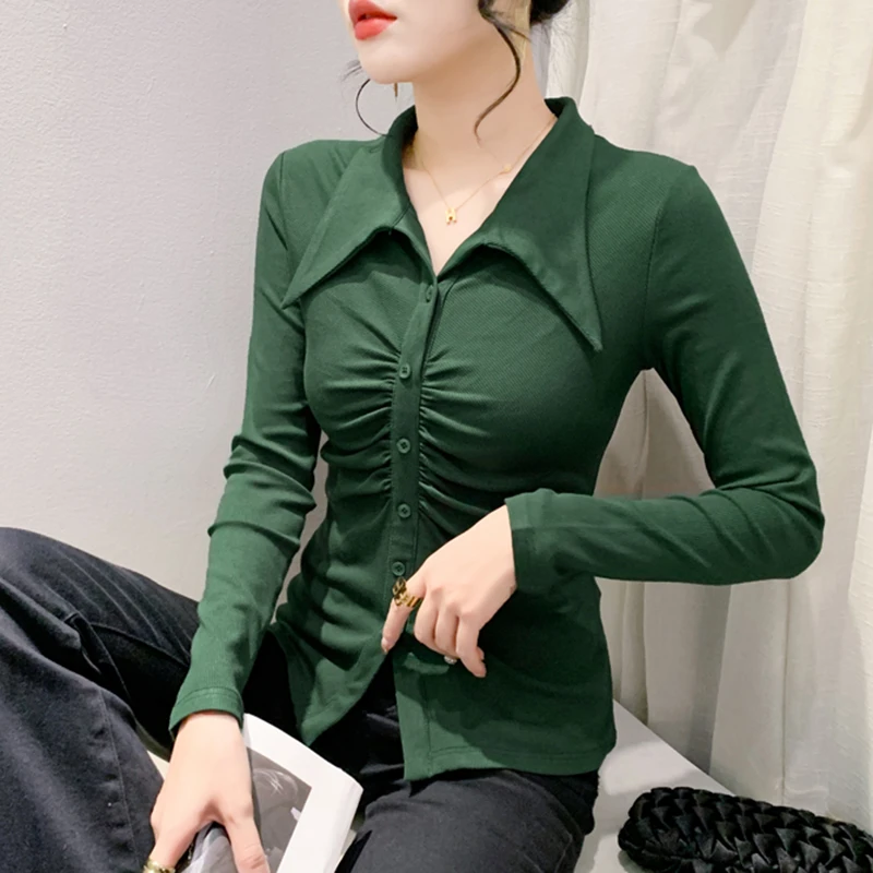 设计感POLO翻领衬衣女秋装新款洋气百搭褶皱上衣修身显瘦长袖衬衫