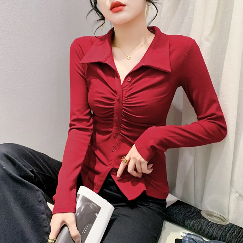气质Polo翻领衬衫女长袖秋装新款设计感褶皱收腰上衣修身显瘦衬衣