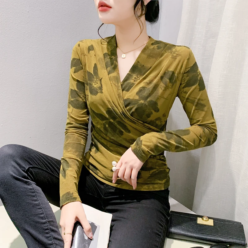 性感V领交叉打底衫女长袖春秋欧货时髦印花T恤紧身收腰网纱上衣潮