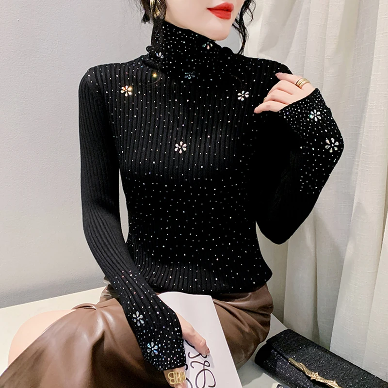 气质烫钻毛衣女套头欧货紧身高领长袖针织衫秋冬加厚内搭打底上衣