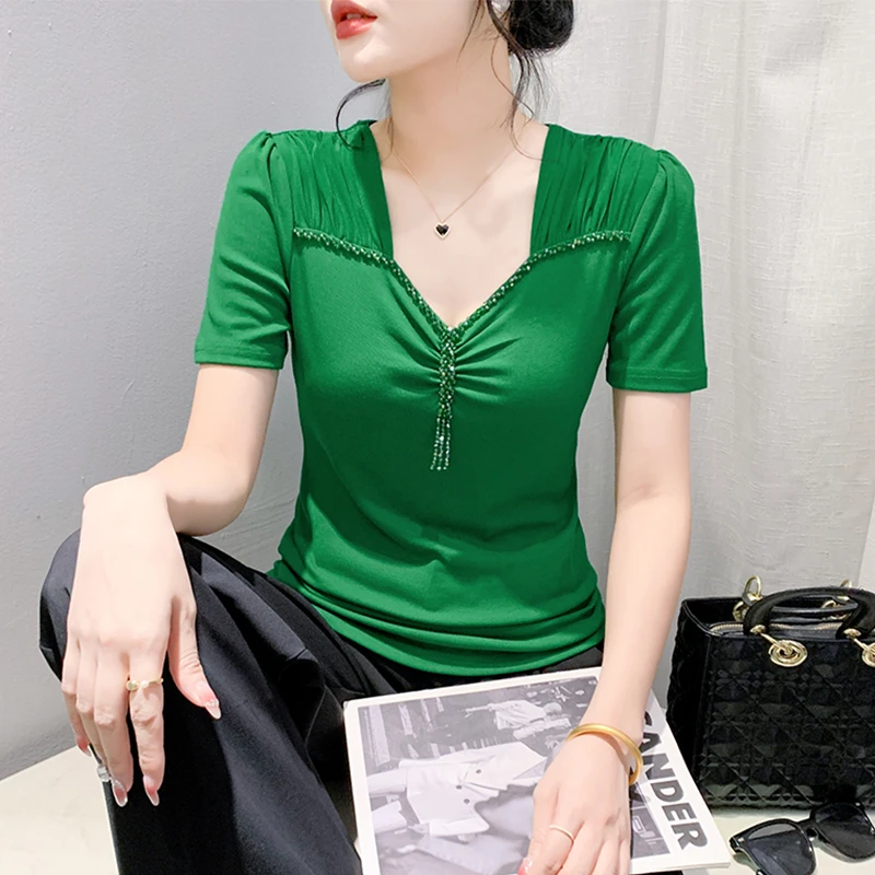 欧货钉珠网纱小衫女装2025新款性感V领洋气短袖T恤百搭减龄上衣夏