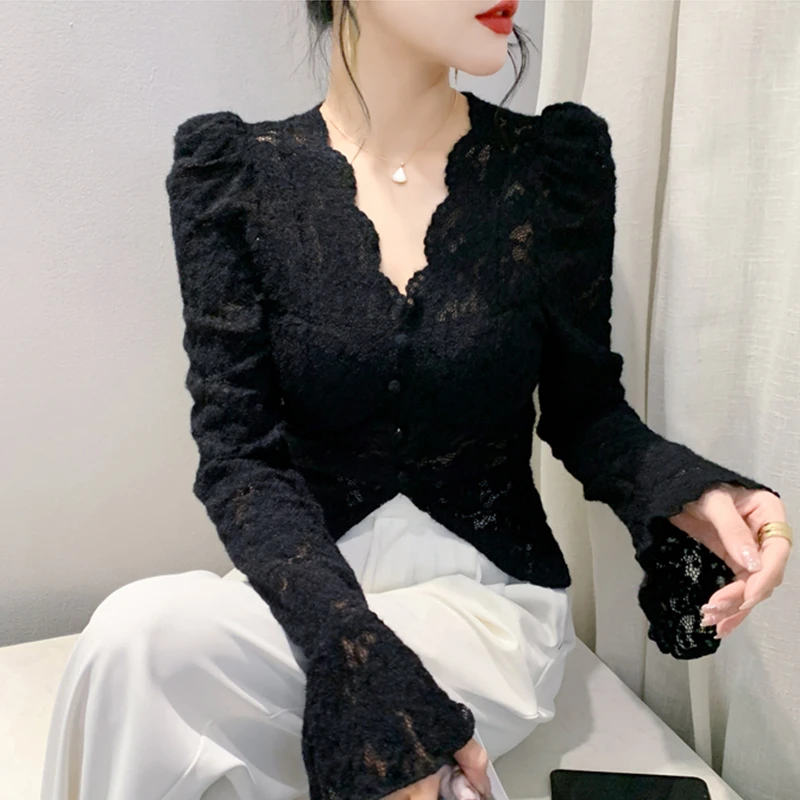 设计感泡泡袖上衣女装内搭小衫性感V领蕾丝衫气质修身打底衫秋装