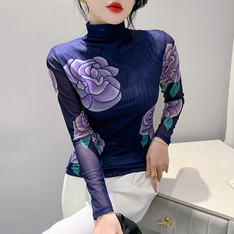 2023秋装气质印花高领打底衫女长袖洋气内搭减龄上衣显瘦网纱T恤