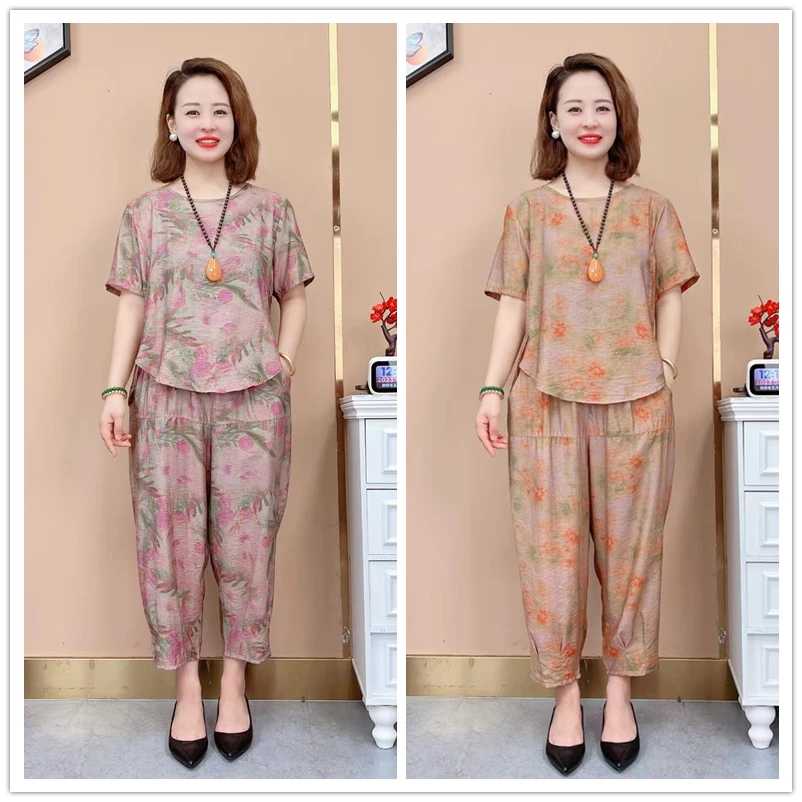 妈妈时尚印花主打凉爽套装新款洋气宽松显瘦气质女装大码夏季花色