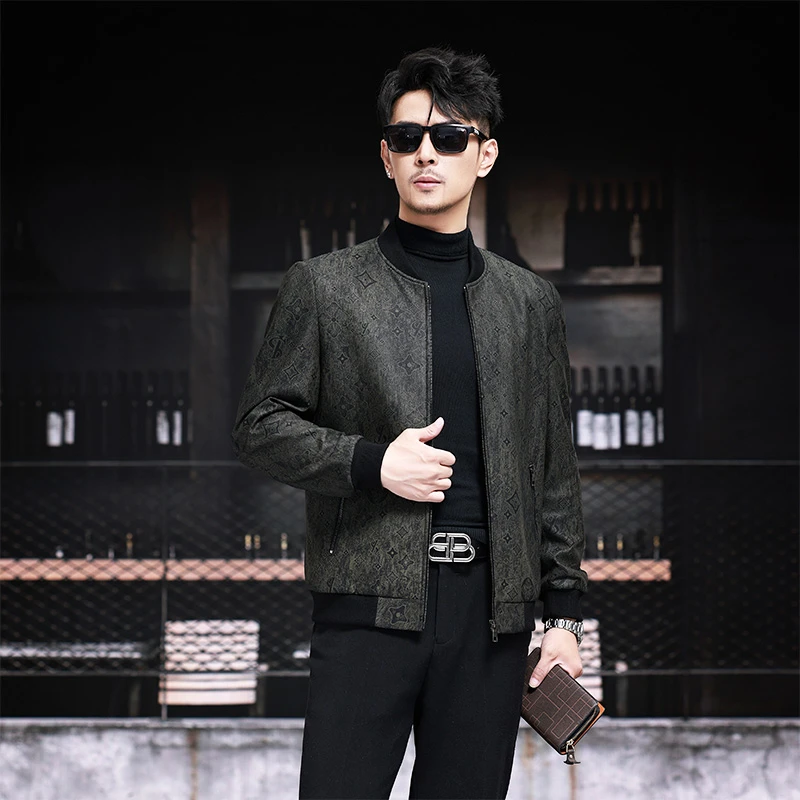 真皮皮衣棒球服男士绵羊皮印花外套春秋季短款休闲青年时尚皮夹克