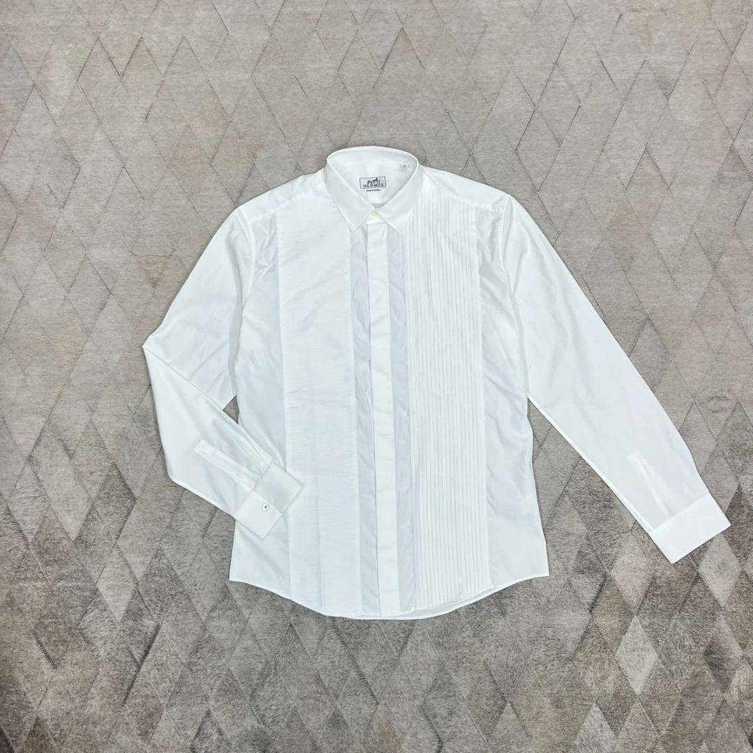 全新未使用 Hermes/爱马仕 128399 男款礼服衬衫双拼风琴褶皱