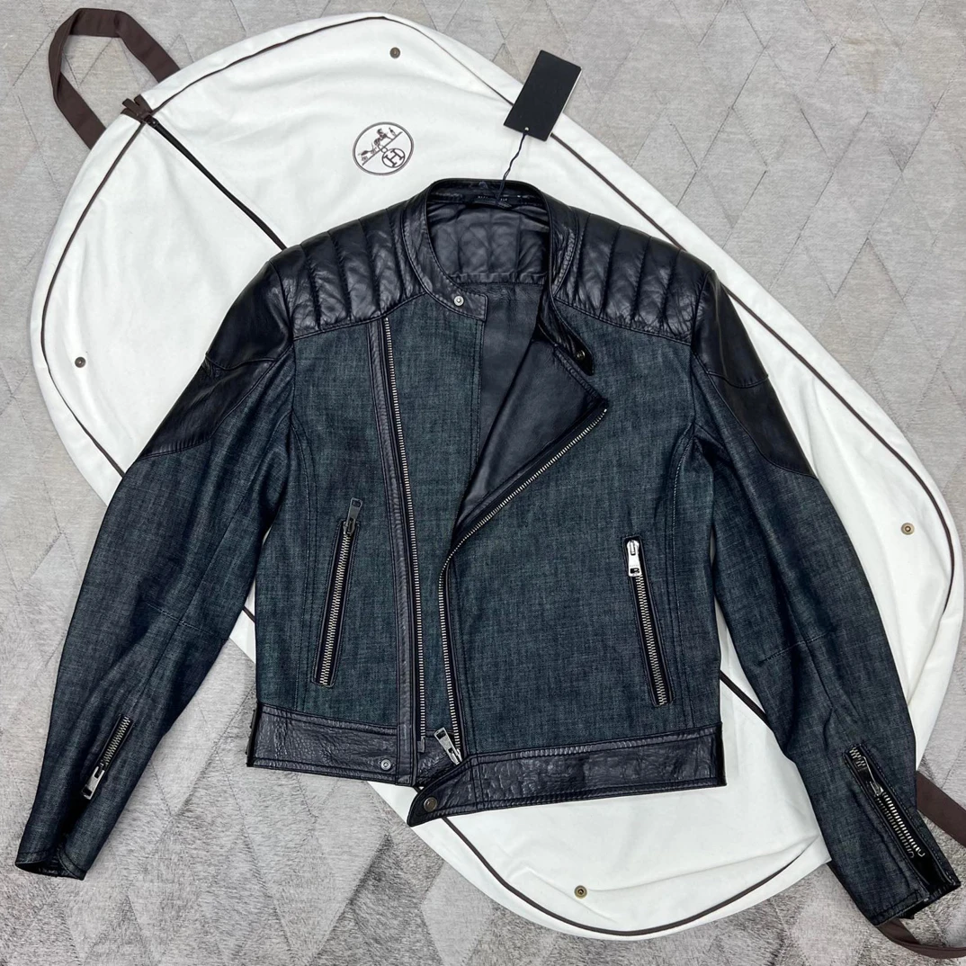 全新未使用 GUCCI/古驰 131648 男款牛仔拼皮机车夹克