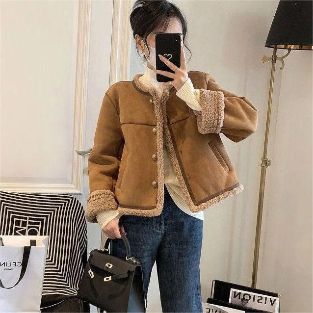 美拉德麂皮绒皮毛一体仿羊羔毛外套女秋冬短款新款韩保暖加厚上衣