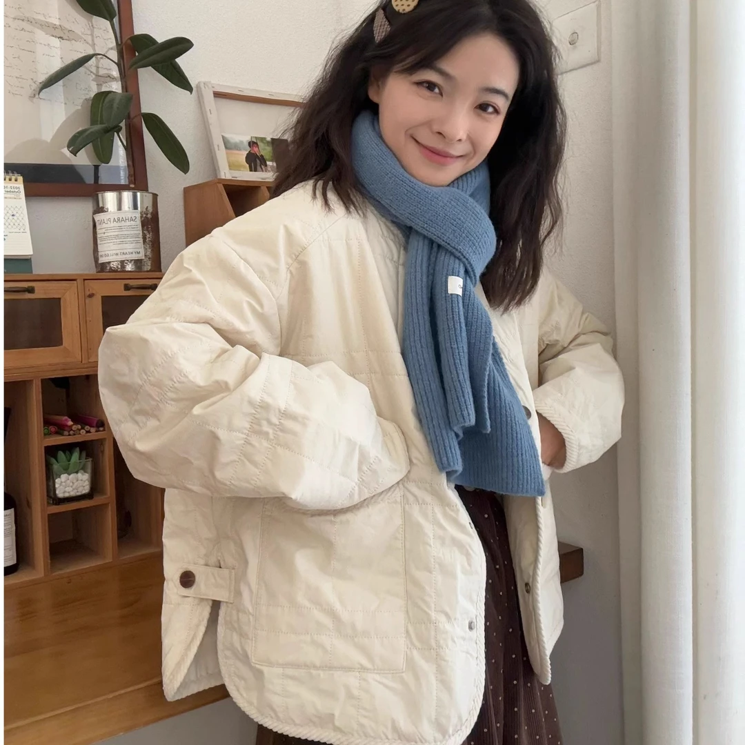 极简风圆领百搭上衣秋冬款减龄百搭宽松小个子保暖长袖棉服外套女