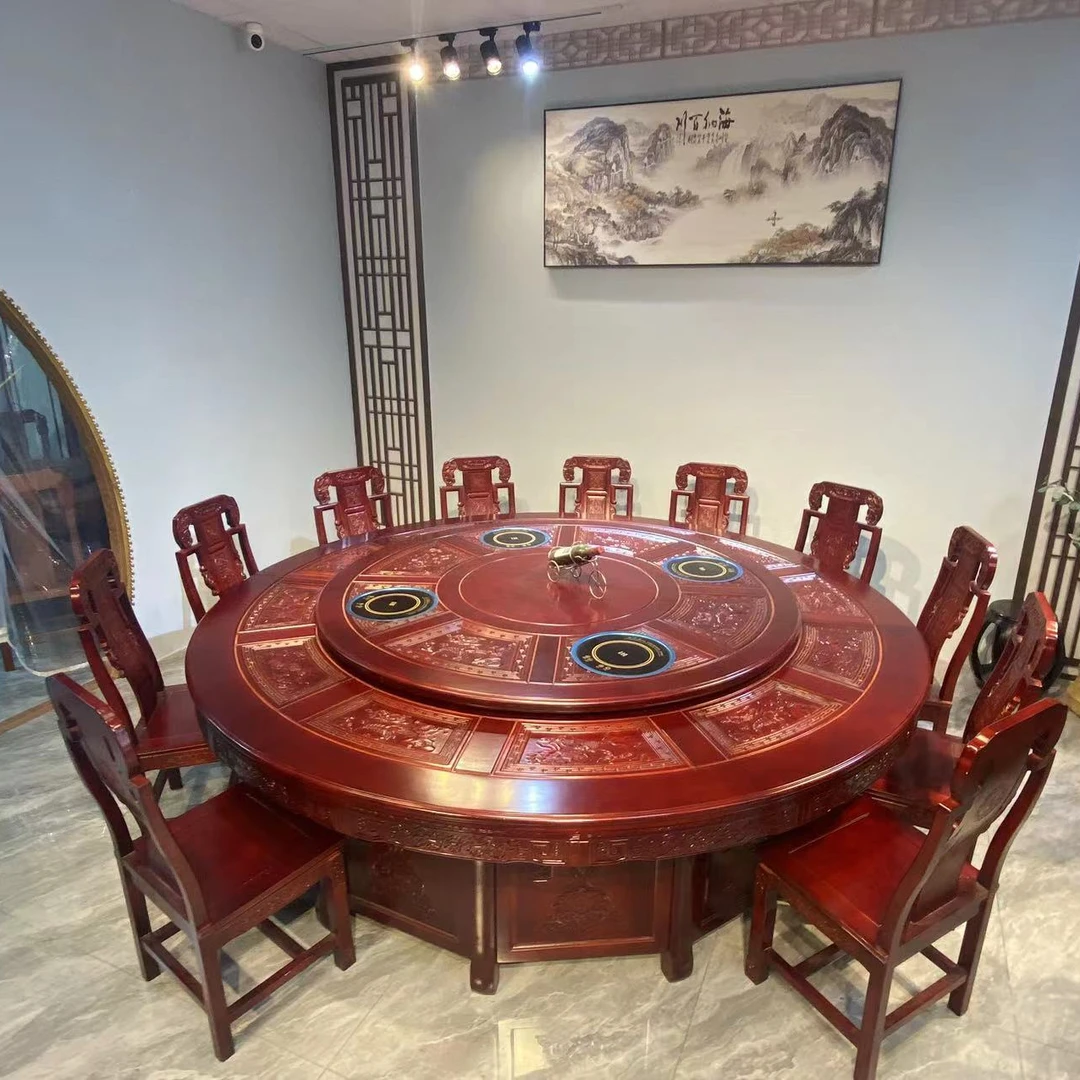 2.4米以上菠萝格仿古雕花电机电动大圆桌全实木中式古典家用圆桌