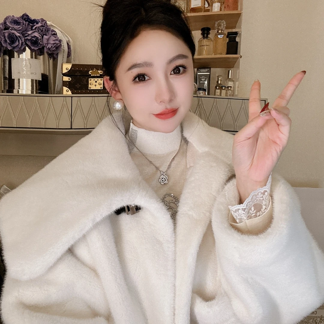 田娇baby 大翻领毛毛外套时尚气质秋冬厚外套高级感名媛秋冬温暖