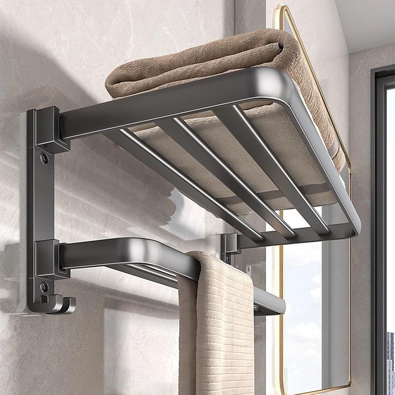 浴室置物架太空铝毛巾架卫生间免打孔厕所挂毛巾杆收纳一体浴巾架