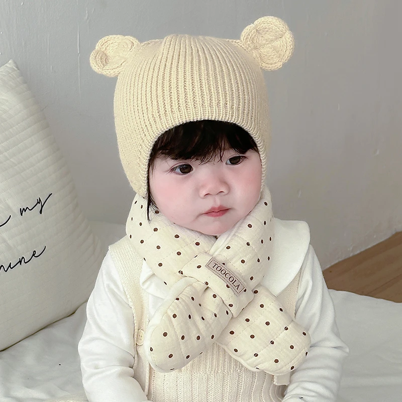婴儿女童宝宝韩版保暖帽子小熊儿童针织护耳毛线帽薄款宝宝围巾