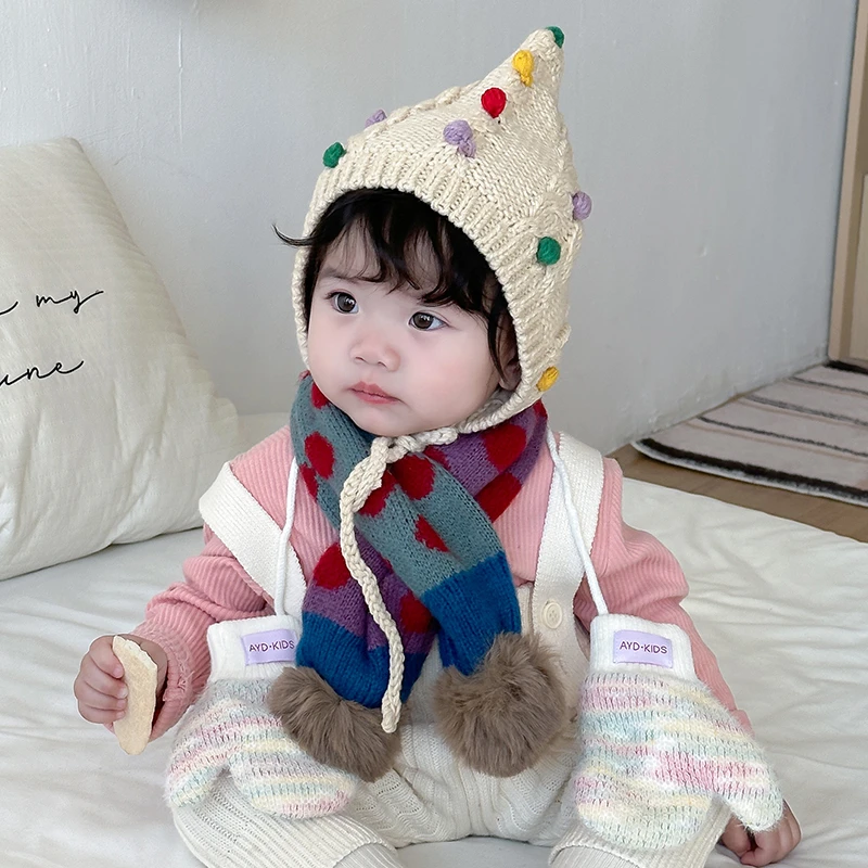 宝宝帽子秋冬男女针织毛线帽可爱婴幼儿童护耳保暖手工套头帽手套