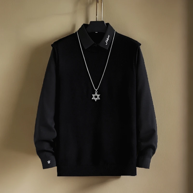 常规款/加绒 秋冬新款假两件毛衣男士羊毛衫打底高档绵羊毛针织衫