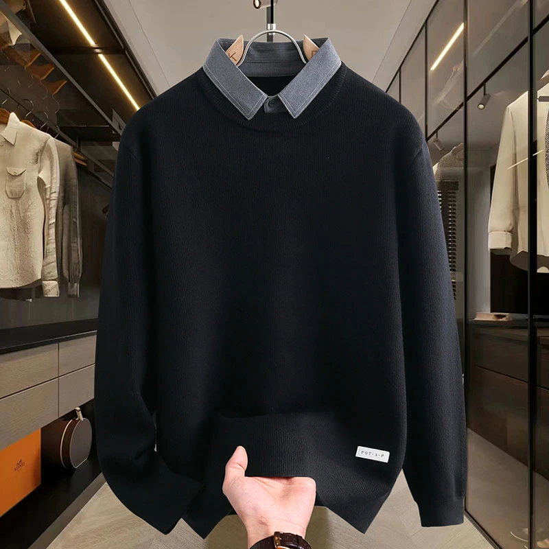 秋冬季新款假两件毛衣男士羊毛衫时尚高端针织衫轻奢衬衫领线衣潮