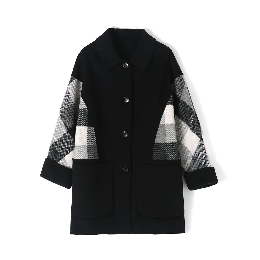 8209 100澳洲羊毛黑白格毛呢双面呢大衣外套女宽松显瘦时尚气质