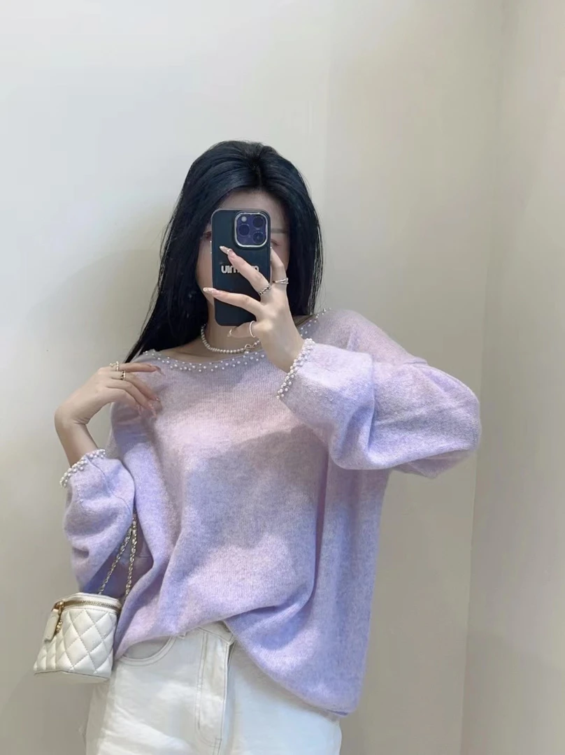 早秋新款100%羊绒宽松软糯仙女甜美领口袖口珍珠山羊绒毛衣