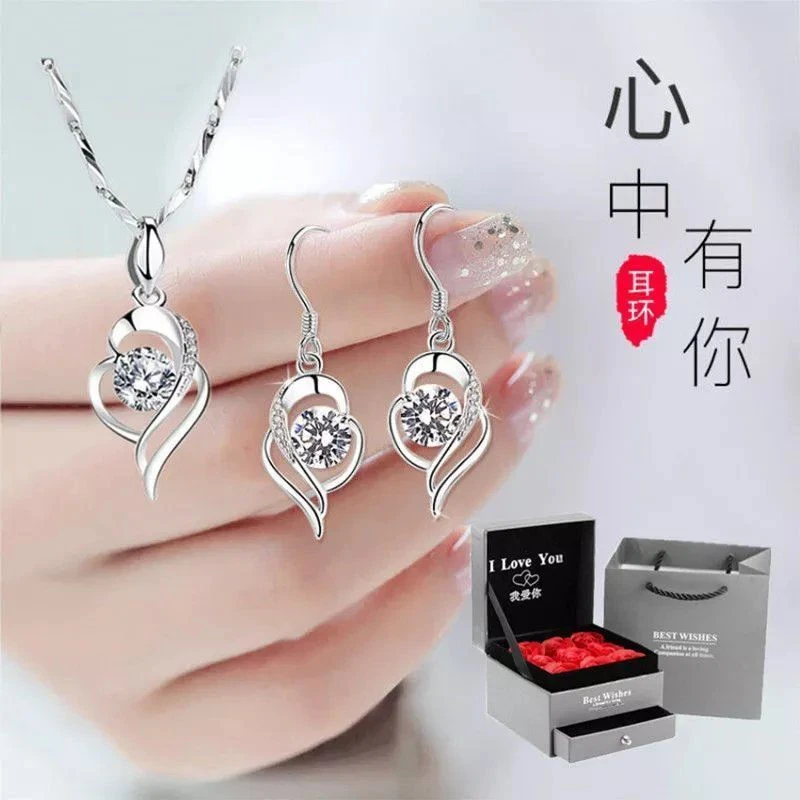 链子纯银合成锆石 999纯银项链女吊坠锁骨链首饰品送女友情人节