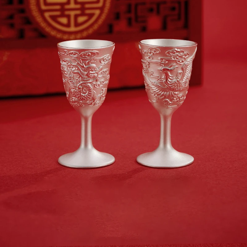 纯银银制品 999纯银龙凤呈祥结婚对杯纯银对杯银酒杯送结婚礼物